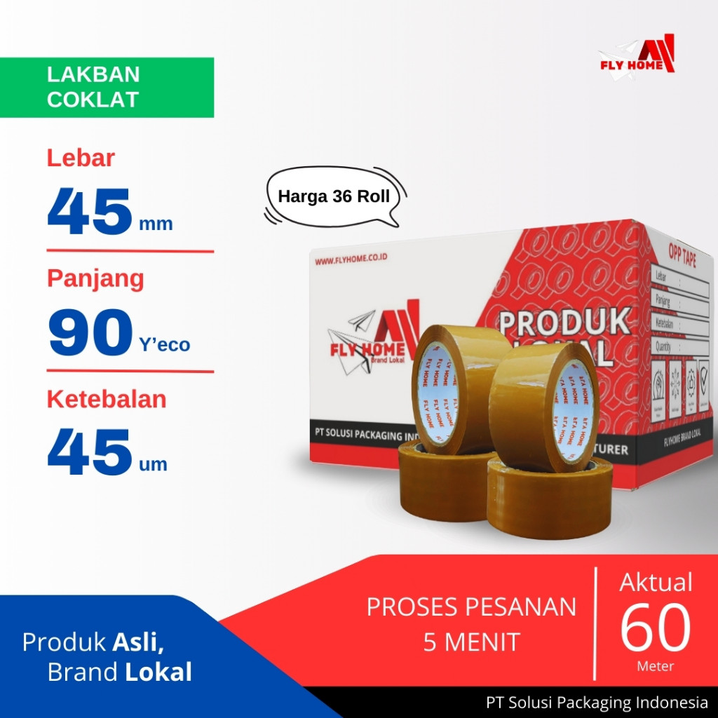

FLYHOME Lakban coklat 1/2 dus 90yard 45mm x 90yard 2inchi 36 roll 90 yard ECO