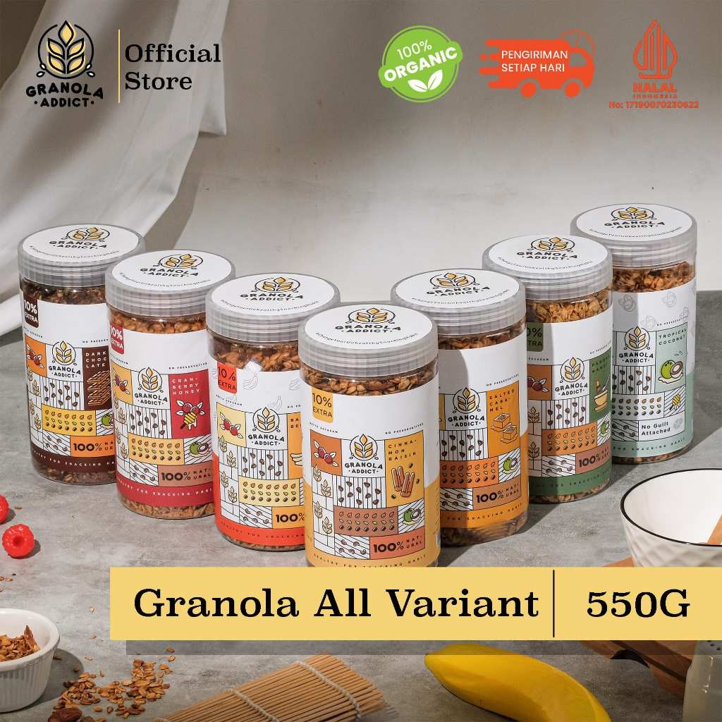 

PROMO!Granola Addict - 500G BONUS +50G All Variant / Snack Healthy Breakfast Cereal / Sereal Sarpaan Bergizi (DARK CHOCO ; SALTED CARAMEL ; CRANBERRY HONEY ; PANDAN WANGI; BANANA BERRY ; TROPICAL COCONUT ; CINNAMON RAISIN)READY