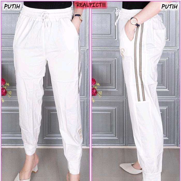 NEW 8082 Celana Panjang Jogger Wanita Katun Stretch Joger Sport - Putih, Allsize