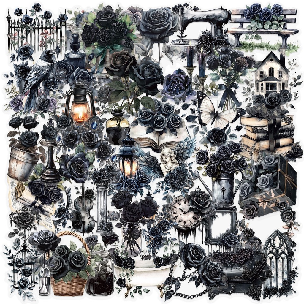 

50Pcs Transparent Cartoon Dark Rose Sticker Pack Waterproof Transparent PET Bookkeeping Material Decorative Guitar Notebook