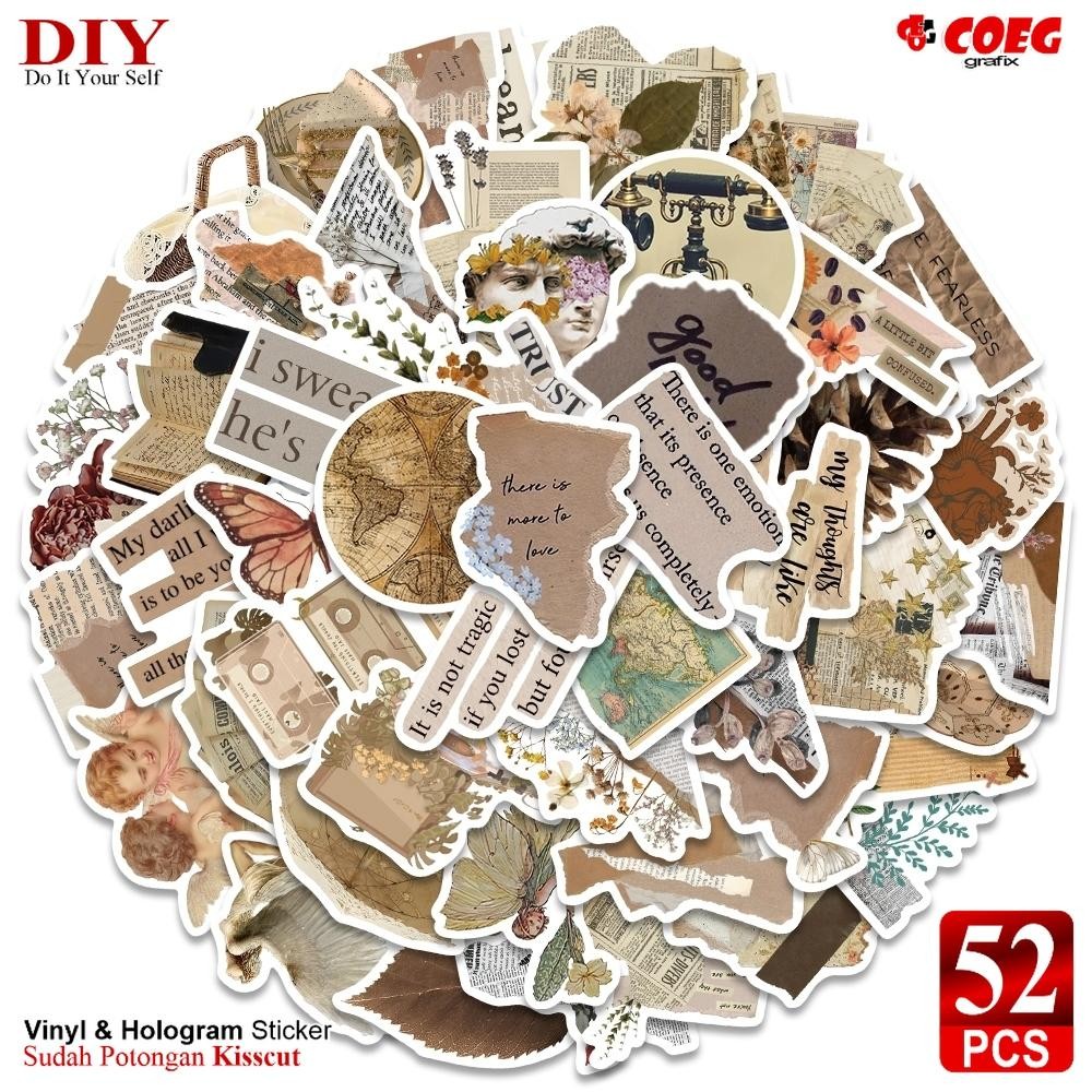 

52 PCS Stiker Gaya Retro Aesthetic Koran Sastra Seni Vinyl Tahan Gores Anti Air CG64 Buku Journal Laptop Helm Motor Casing HP Koper