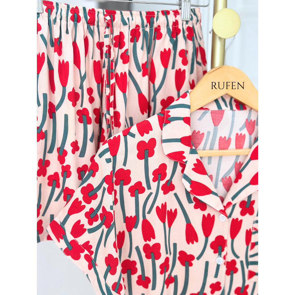 UIY RUFEN / Setelan Baju Tidur Wanita Bahan Rayon Warna Merah