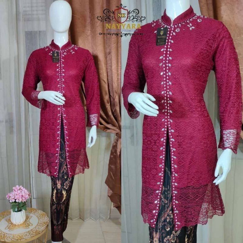 Setelan Kebaya Tunik Brokat Malika Payet XXXL Baju Kondangan Modern Lengan Panjang Kebaya Ibu Besan 