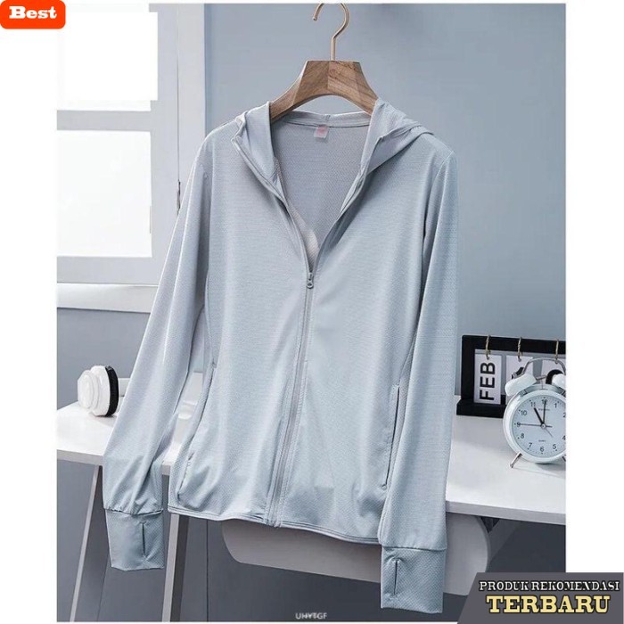 hoodie pria keren Jaket Hoodie Anti Uv Jaket Olahraga Polos Jaket Running Pria Wanita - Abu-abu