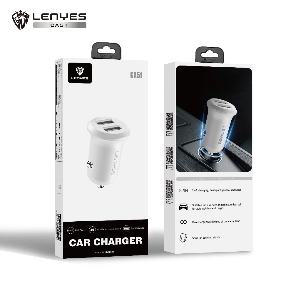 Mini Car Charger LENYES CA51 2.4A Dual Port USB Adaptor Saver Mobil Untuk HP