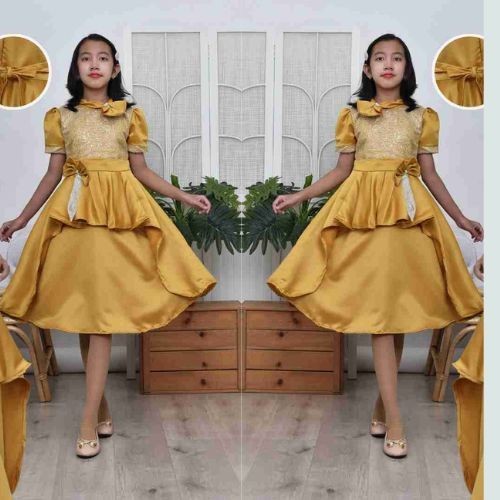 Dress Anak Perempuan Terbaru  Bahan Bridal Silk Umur 4 - 13 Tahun - COD / Gaun Pesta Mewah Anak Pere
