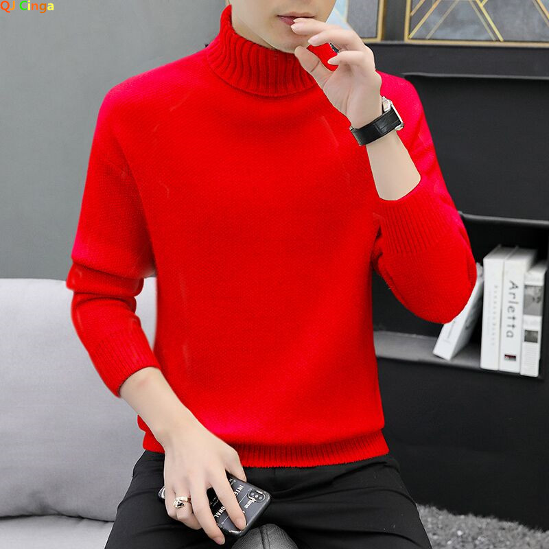 Bright Red Men's Pullover Sweaters Winter Computer Knitted Turtleneck Sweater White Black Male Pullo