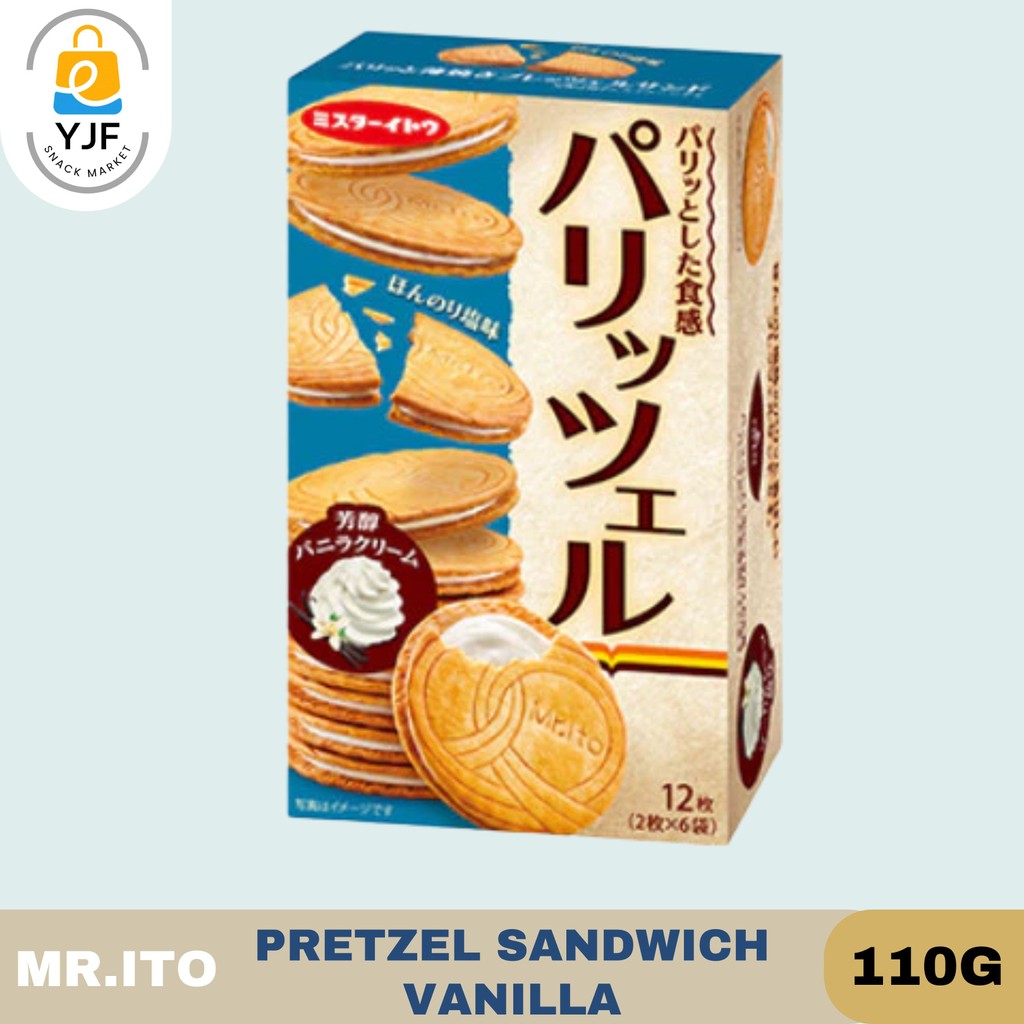 

MR ITO Pretzel Sandwich Vavilla Cream 110g / Biscuit Sandwich / Biskuit / Krim Vanilla / Snack import / Biskuit Lapis