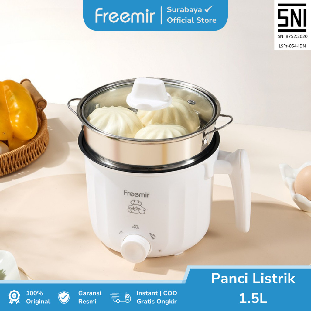 freemir Surabaya Panci Listrik 1.5L Mini Pegangan Ganda Electric Cooker Anti Lengket Kukus Rebus