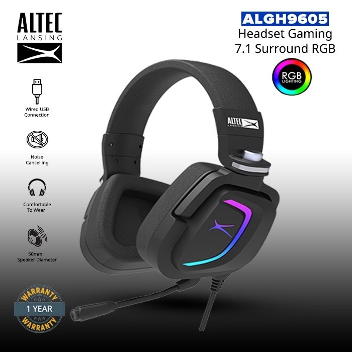 Altec Lansing Headset Gaming ALGH-9605 USB 7.1 Surround Sound | RGB Cool LED Glow | Detachable Micro