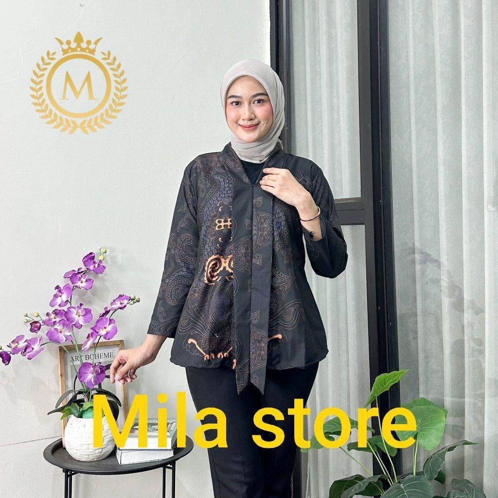 Batik Wanita Simple Modern Atasan Batik Wanita Blouse Modern Katun Hitam Lengan Panjang Cocok untuk 