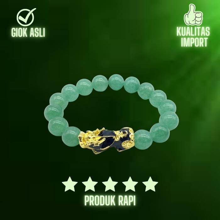 Gelang Batu Giok Liontin Pixiu Pria 12MM - Gelang Giok Hijau Pixiu Asli - Gelang Batu Giok Pria Besa