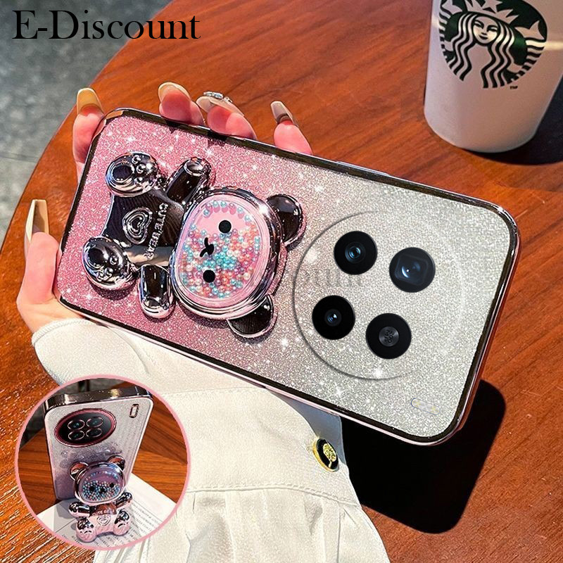 New Phone Casing vivo X200 Pro Back cover dengan Gradien 3D Bear Folding Stand Bracket Mewah Slim 6D