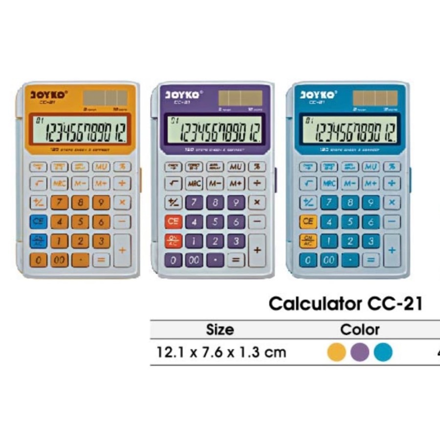 

Joyko CC-21 Calculator Sedang Warna Biru, Kuning, Ungu 12Digits kalkulator mini pocket