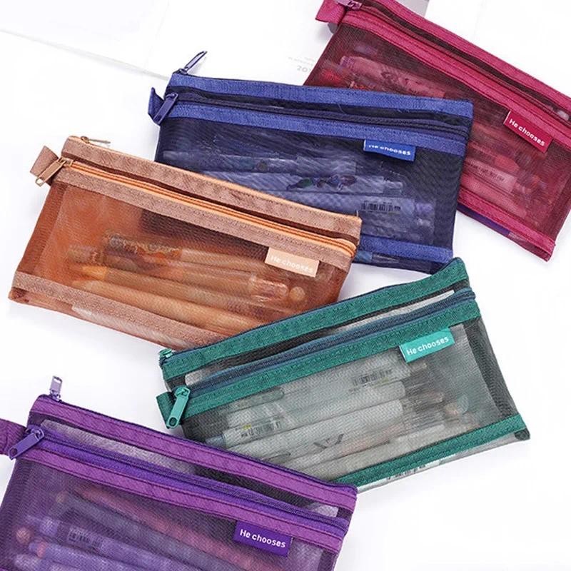 

Double Layers Mesh Pencil Bags Vintage Large Pen Bags Zipper Stationery Storage Pocket Office School Supplies for Student Teens