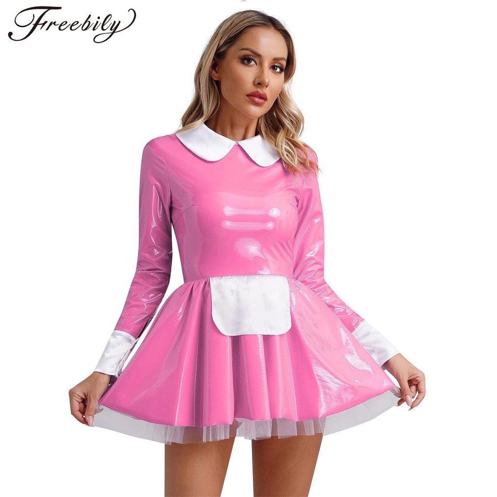 Women Sexy Faux Latex French Maid Dress Halloween Sweet Lolita Cosplay A-line Mini Dress Clubwear Ma