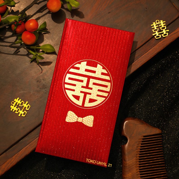 Angpao Shuang Xi Panjang Maroon, Angpao Wedding Sangjit / Angpao Imlek Premium Besar Dasi