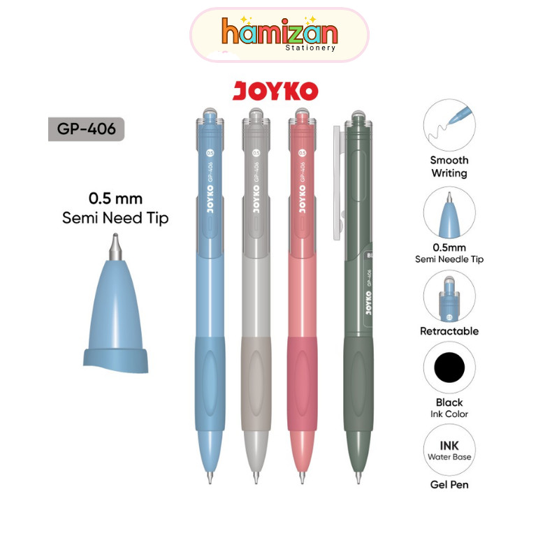 

( 1 pcs ) GP406 Pulpen Gel Retractable Joyko 0.5 mm / GP 406 Gel Pen Cetrek Pegangan Lembut / Bolpen Jel Soft Grip GP-406 0.5mm Joyko Murah Berkualitas