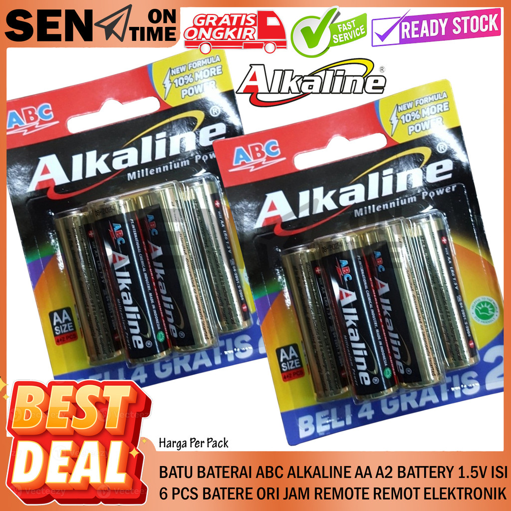 Baterai Abc Alkaline Type Tipe AA A2 Battery 1.5v Isi 4+2 6 Pcs Batu Batere Ori Jam Remote Remot Ele