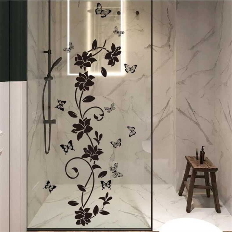 

90*30CM Black Floral Butterfly Wall Sticker For Bathroom Door Sticker Bathtub Bedroom Background Self-Adhesive