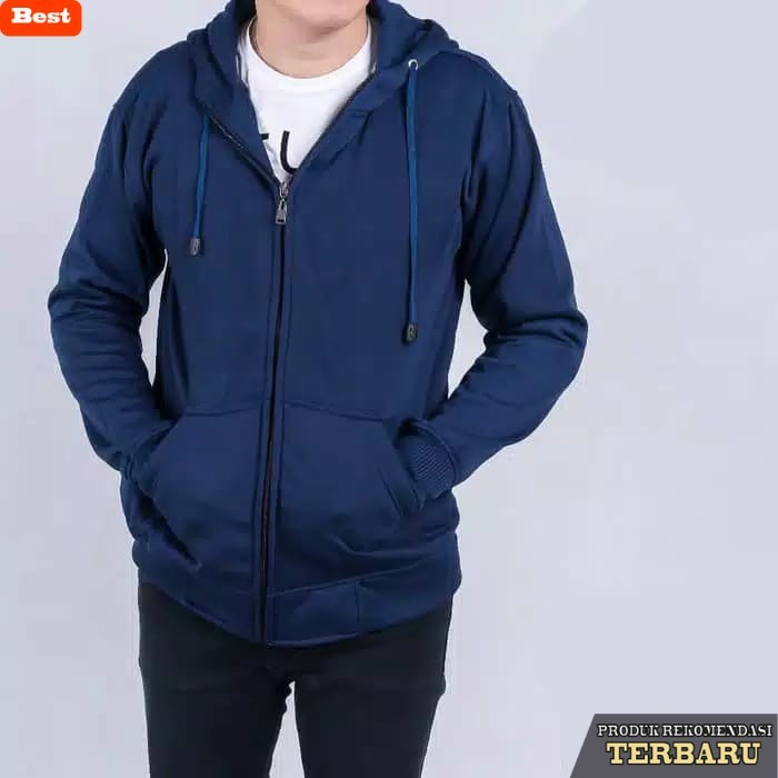 hoodie pria keren jaket hoodie cowok pria darkblue murah keren gaul kuliah kerja - Sleting, M