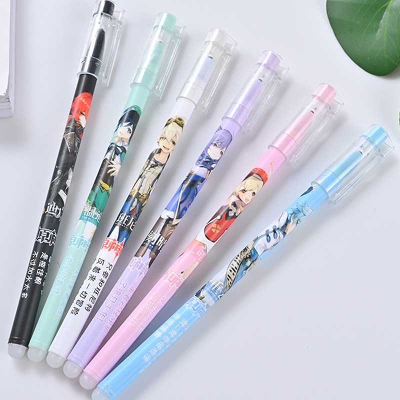 

6Pcs Game Genshin Impact Erasable Pen Blue Black Ink Magic Ballpoint Pen 0.5mm For School Office Writing Supply Stationery gift
