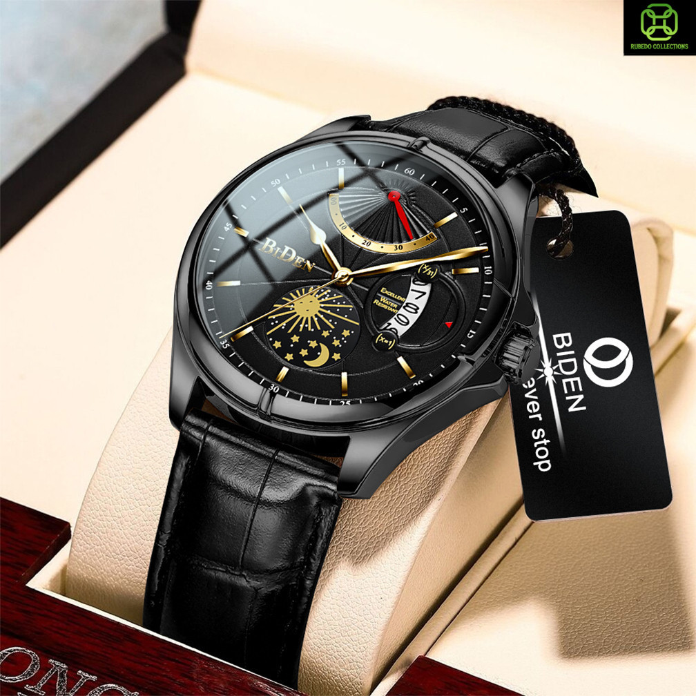 BIDEN Jam Tangan Pria Anti Air Original Quartz Jam Kulit Calendar Klasik Jam Tangan Cowok