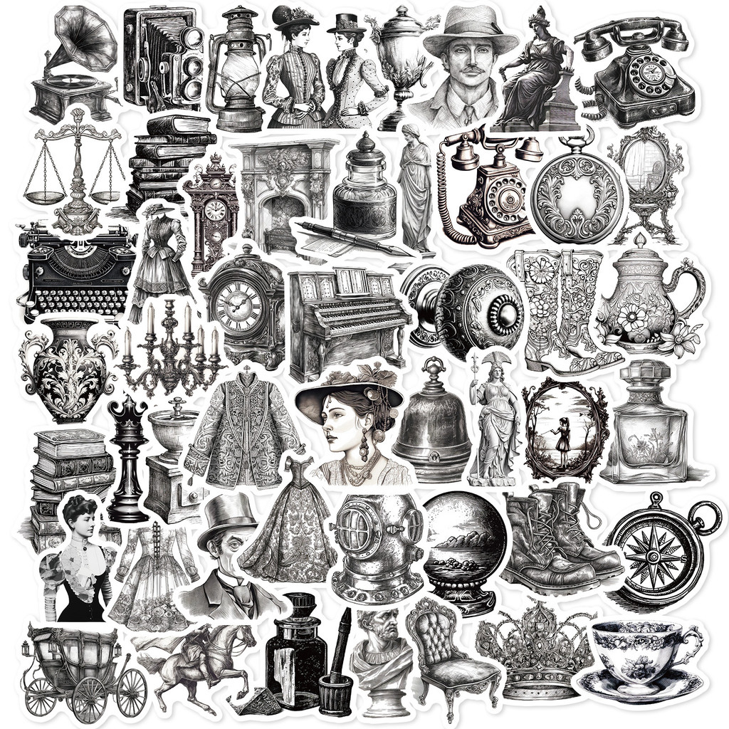 

10/25/50pcs Mixed Black White Retro Old Things Graffiti Stickers for Notebook Guitar Laptop Phone Stationery Suitcase Helmet