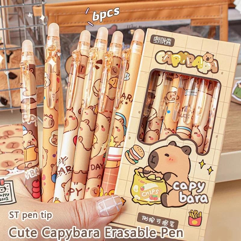 

6Pcs Cute Capybara Erasable Pen Blue Ink Writing Smooth Quick-Drying Pens School Office Accessories Students Stationery Gift