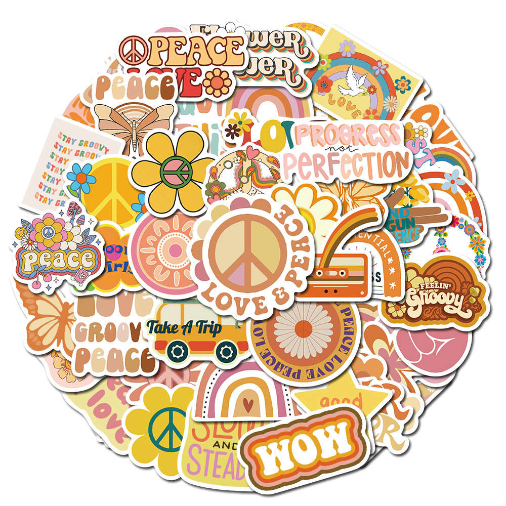 

50PCS Groovy Boho Hippie Stickers Retro English Alphabet Account Material Phone Case Laptop Luggage Waterproof Stickers