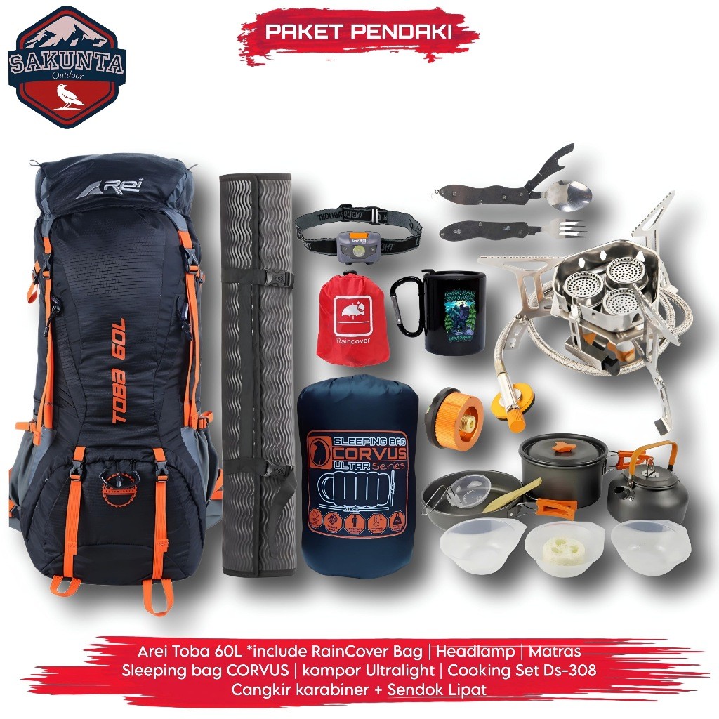 sakunta outdoor paket lengkap pendaki gunung tas carrier rei arei toba 60L kompor camping cooking se