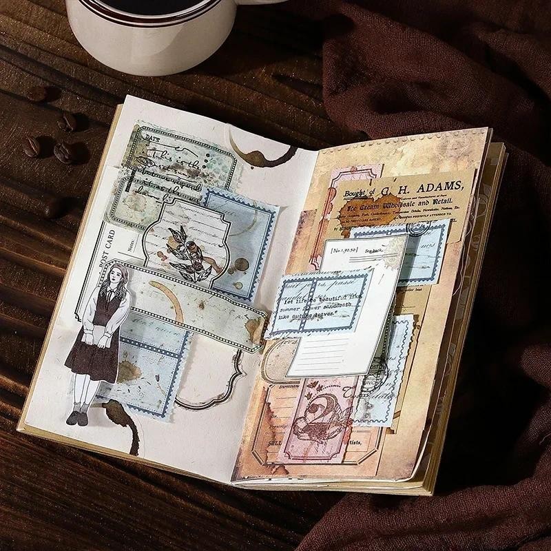 

30pcs sticky note book coffee diary retro border materia sticky well-primed cut notebook 90*154MM coffee handmade