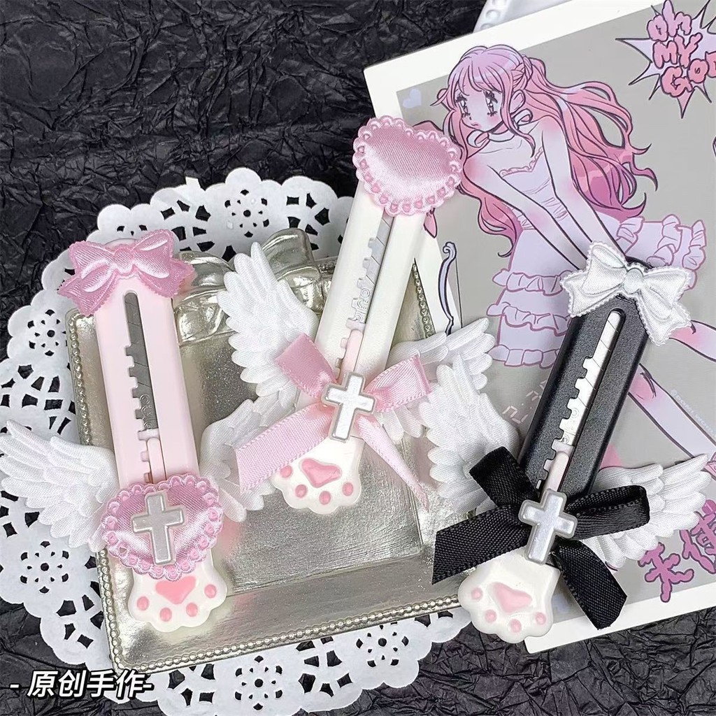 

1Pc Y2K Girl Bow Angel Wing Aesthetic Utility Knife Mini Cute Cat Paw Paper Cutter Express Box Envelope Opener Kawaii Stationery
