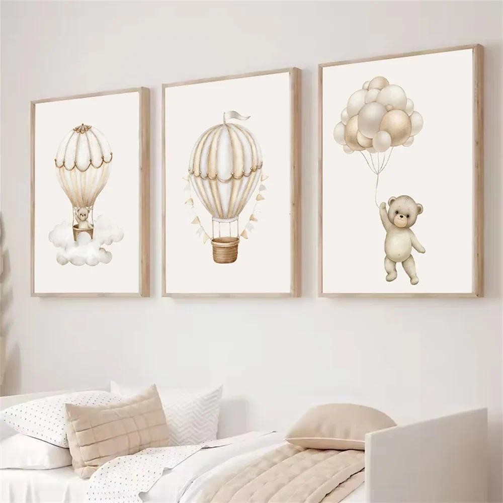 

Cartoon Cute Bear Hot Air Balloon Bohemia Wall Art Canvas Painting Nursery Posters And Prints Pictures Baby Kids Room Decoration