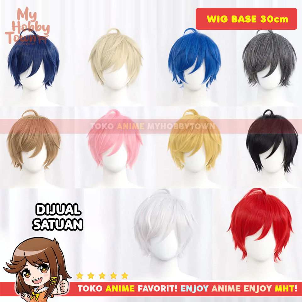Wig Cosplay Base Cowok Versatile 30cm Red Merah Biru Blue Navy Blue Black Hitam Pink Gold Emas Silve