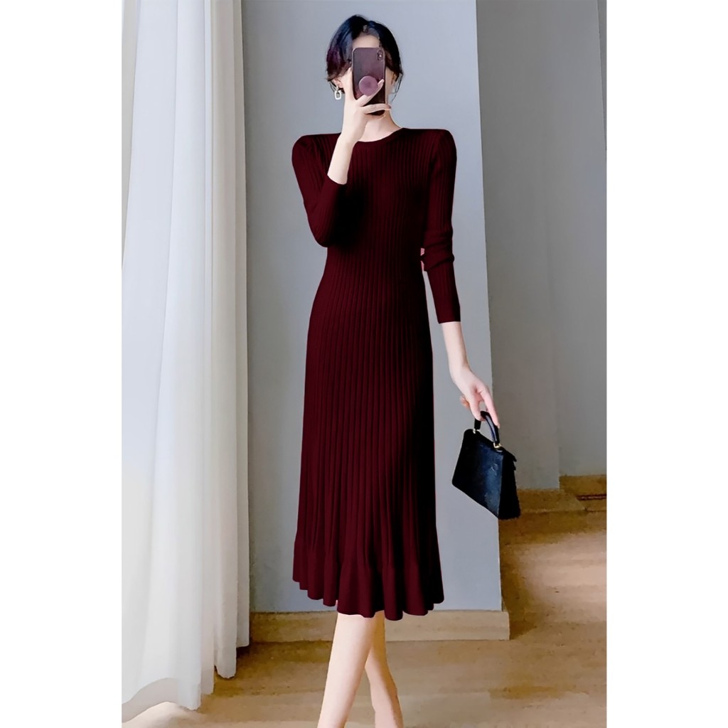 Fashion Female - Dress Rajut Casual Fit And Flare Lengan Panjang O-Neck #4426