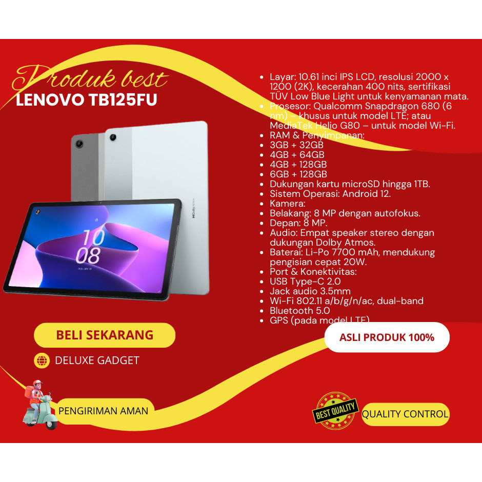 TABLET TAB LENOVO M10 Plus 3rd Gen TIPE MODEL TB125FU SECOND ONLY TABLET - DELUXE GADGET