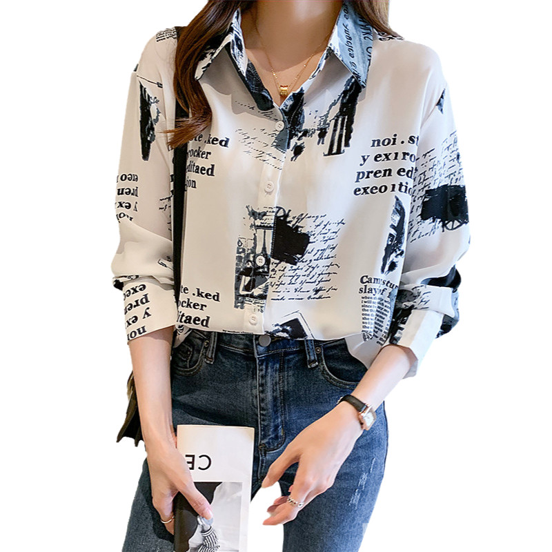 Sifon Putih Lengan Panjang Versi Korea Kemeja Fashion Wanita Longgar Kemeja Kerah Kerja Kasual