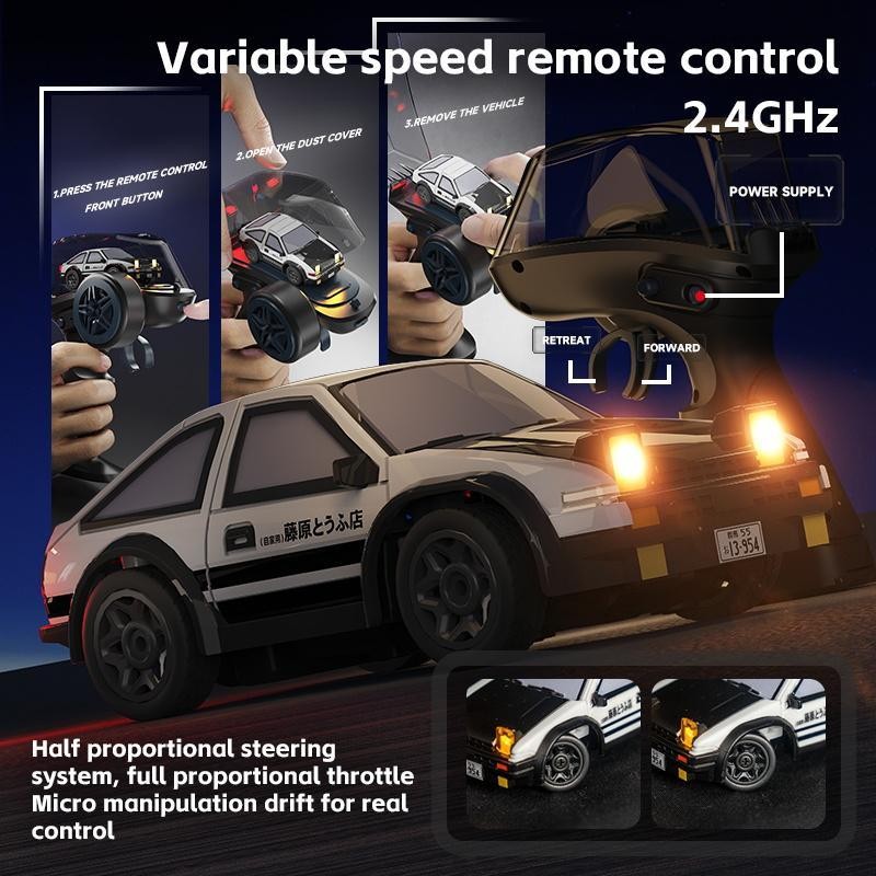POKO Mobil RC Drift Mini 1/64, 4WD Kecepatan Tinggi - Remote Control AE86 dengan Lampu LED & Stiker