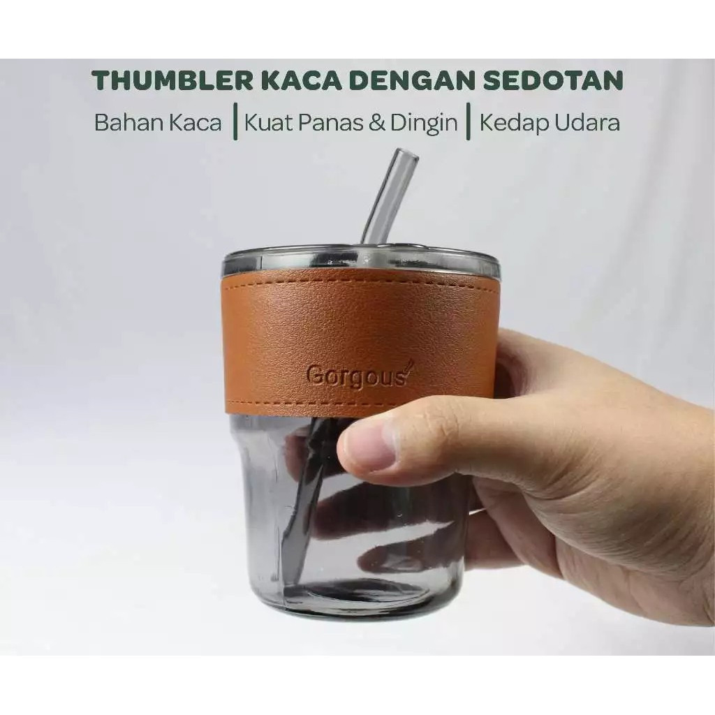GELAS KACA GORGOUS TANPA BOX 400ML Gelas Kaca Korean Aesthetic Anti Panas Set Sedotan Murah
