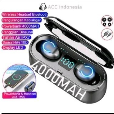 HEADSET BLUETOOTH F9 TWS EARPHONE BLUETOOTH 5.3 NIRKABEL P0WERBANK 4000MAH DISPLAY