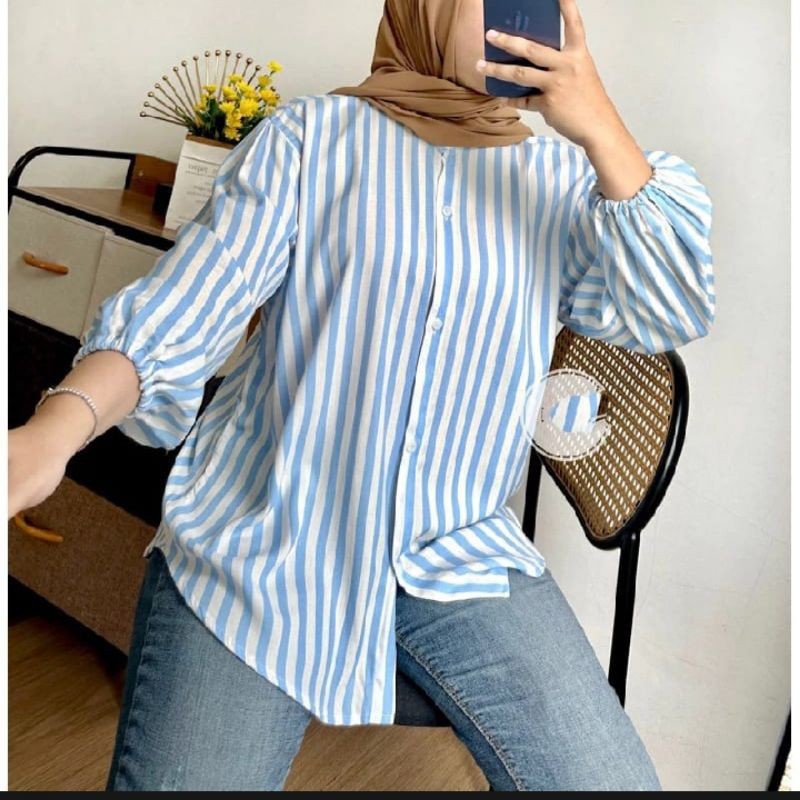 Baju Korean Style Murah / Blouse atasan rayon kerah sanghai lengan panjang balon