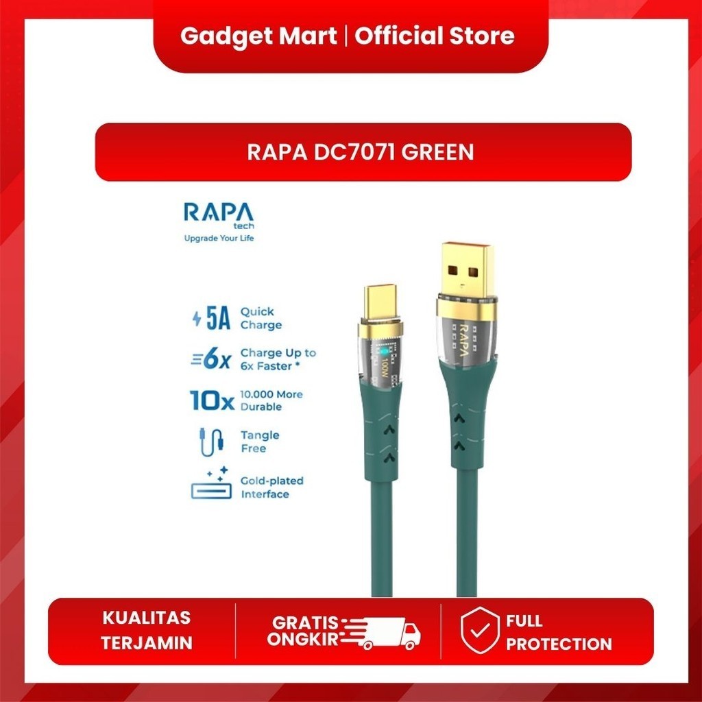 RAPAtech DC7071 - LINE CRYSTAL I - USB-A to USB-C Data Cable 5A 100W - Hijau