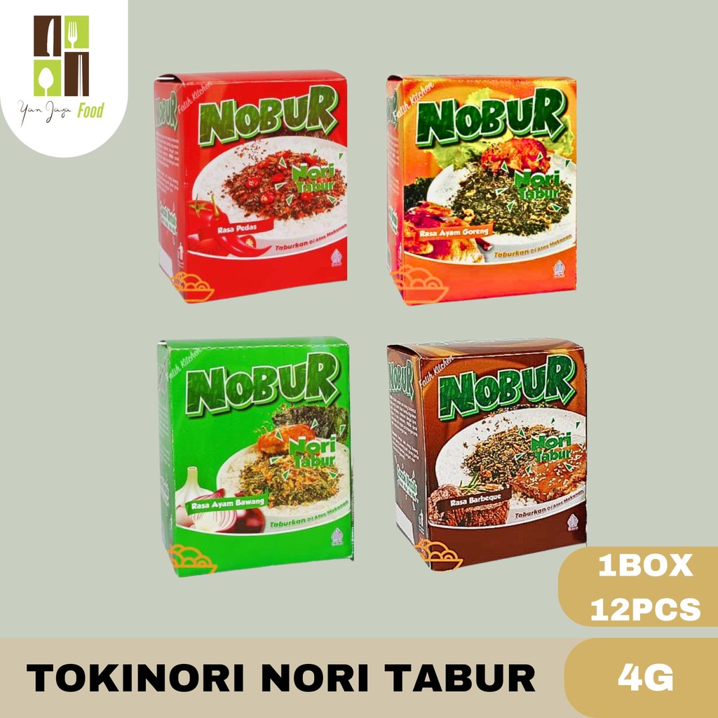 

Tokinori Nobur / Nori Tabur Rumput Laut / Rasa Ayam Panggang / Ayam Bawang / Barbeque / Pedas 4g 1 BOX/12 PCS