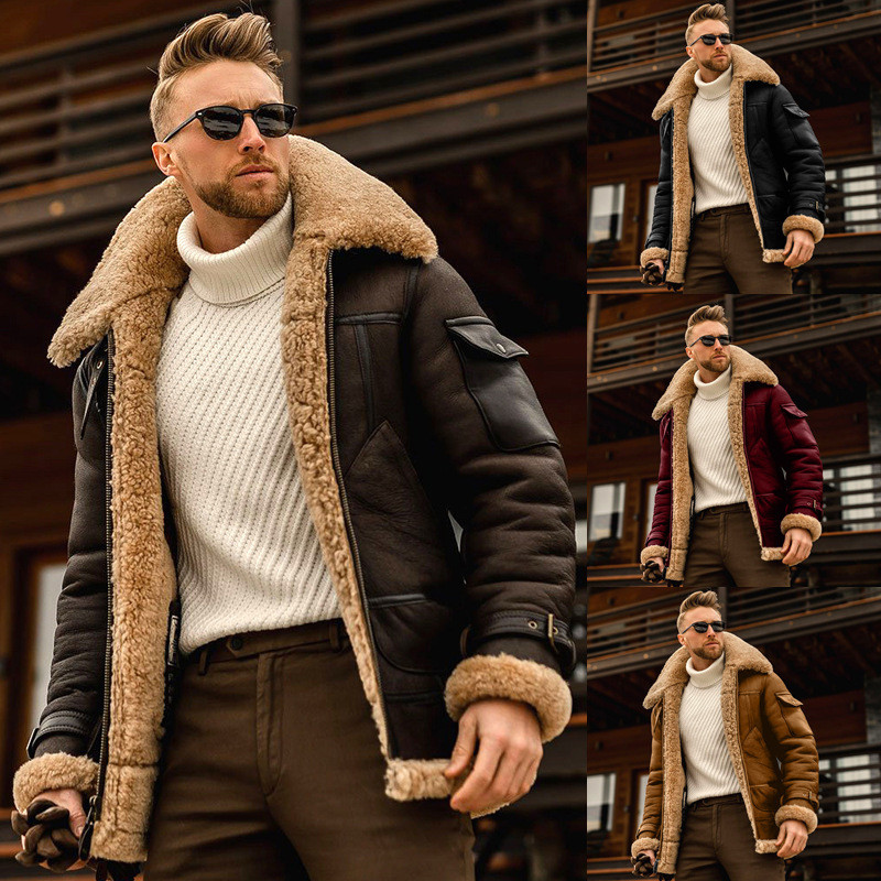Men's thick warm jacket with fur lining, autumn and winter wool casual jacket men's workwear militar