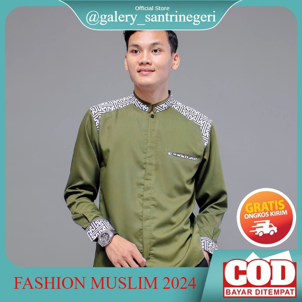 NEW Baju Koko Pria Lengan Panjang Motif Araseo Kombinasi Batik Warna Hijau Army