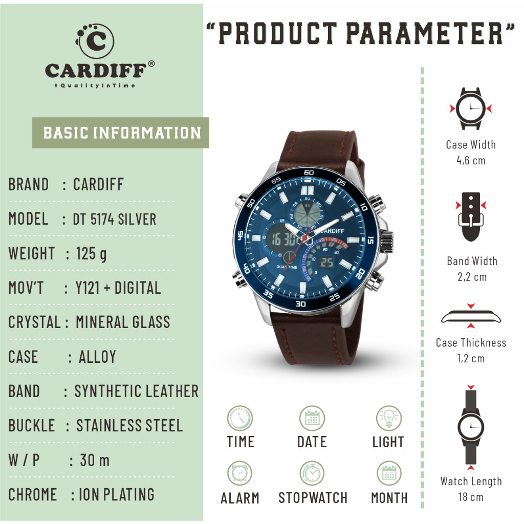 CARDIFF Dual TIme 5174 Jam Tangan Digital Analog Casual Pria Tali Kulit