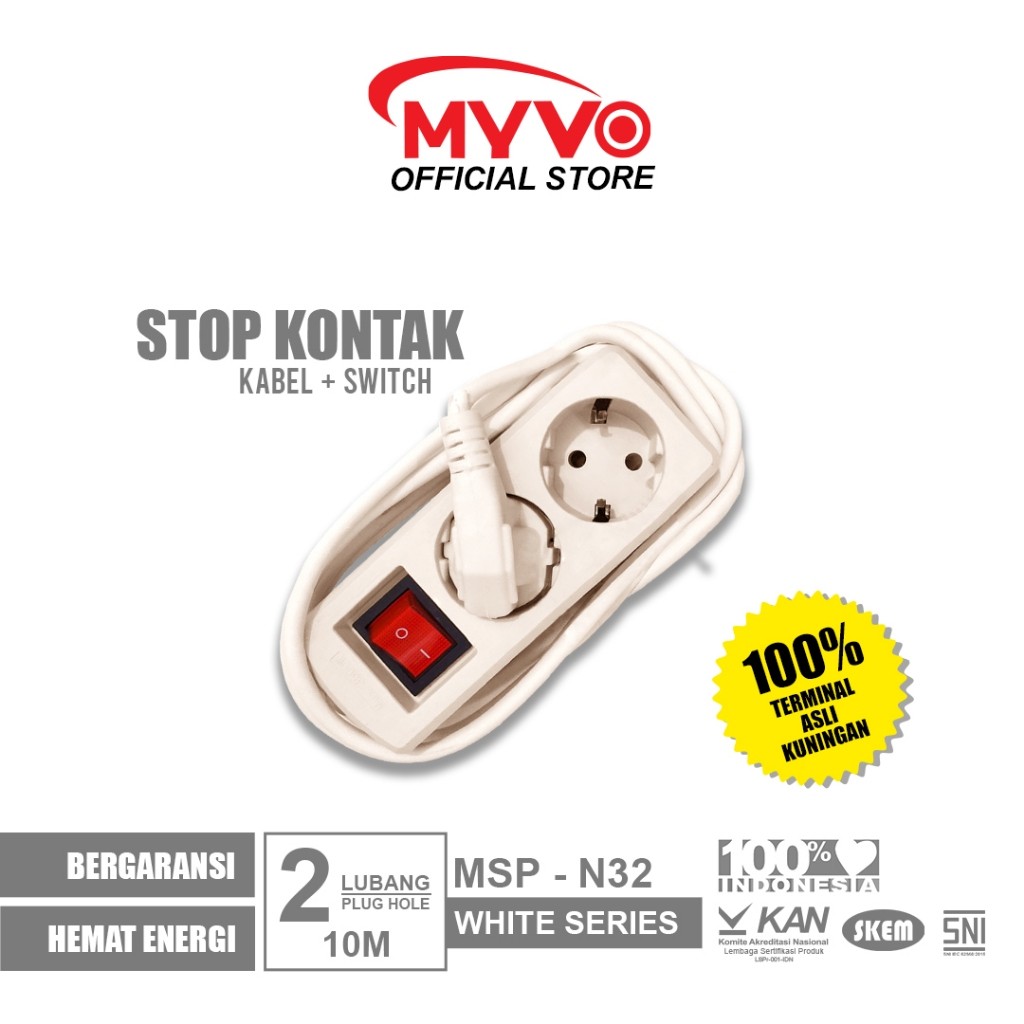 Stop Kontak Myvo Terbaik Garansi MYVO Stop Kontak 2 Lubang 10 Meter MSP-N32 Putih Asli Kuningan