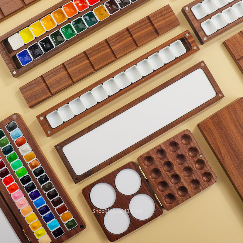 

Empty Portable Watercolor Palette 12/24 Grid Walnut Watercolor Paint Storage Box Travel Sketching Artist's Art Supplies
