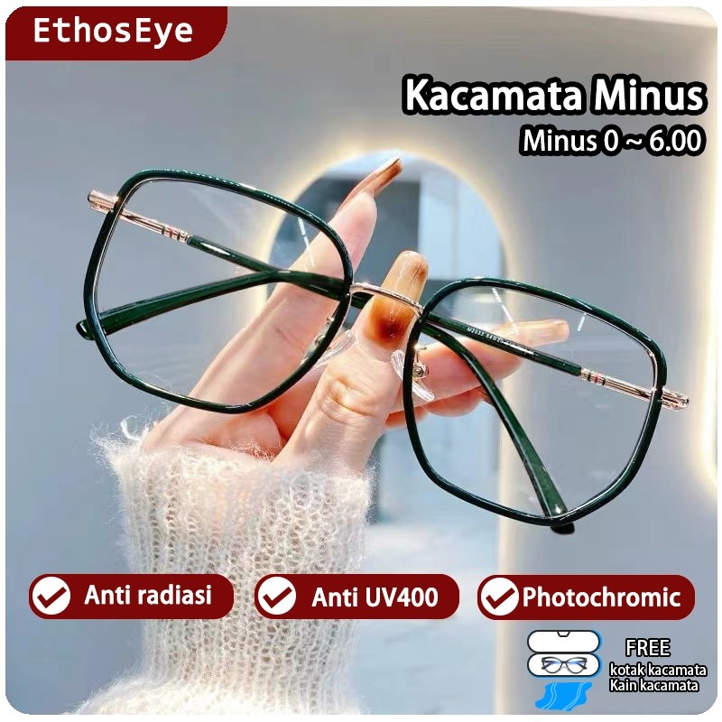 EthosEye Kacamata Photocromic Anti Radiasi Blueray Wanita Pria Cowok Fashion Kotak Oversized Bluecro